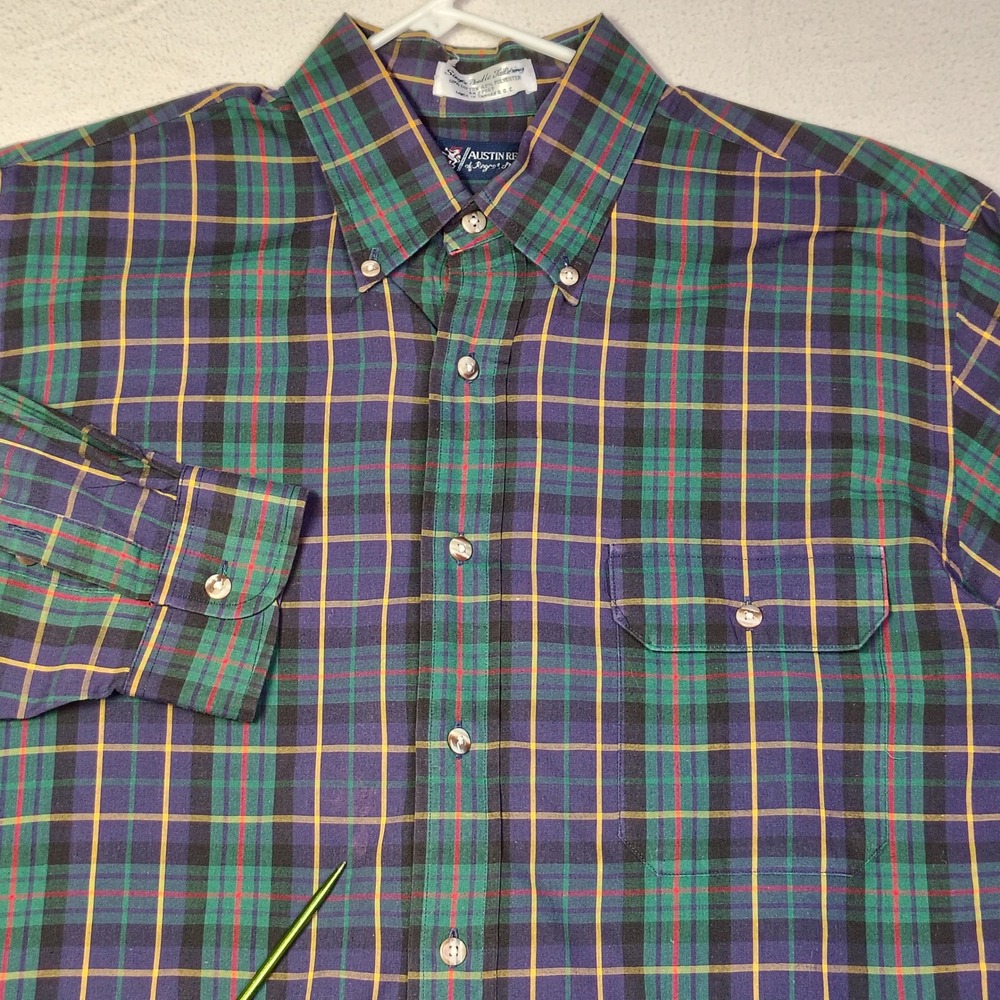 Austin Reed Vintage Mens Button Down Shirt Large Green Plaid Cotton Blend Preppy